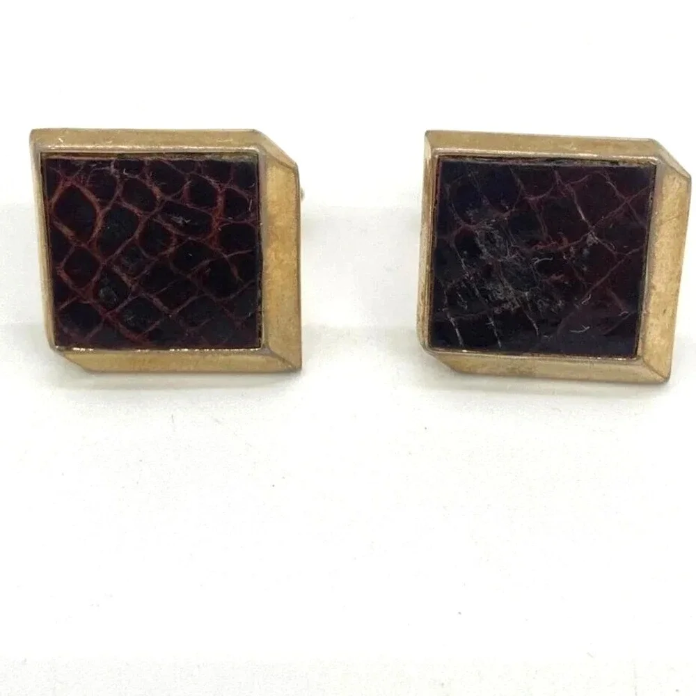 Vintage Swank Mens Square‎ Cufflinks Tie Clip Set Brown Faux Leather Gold Tone